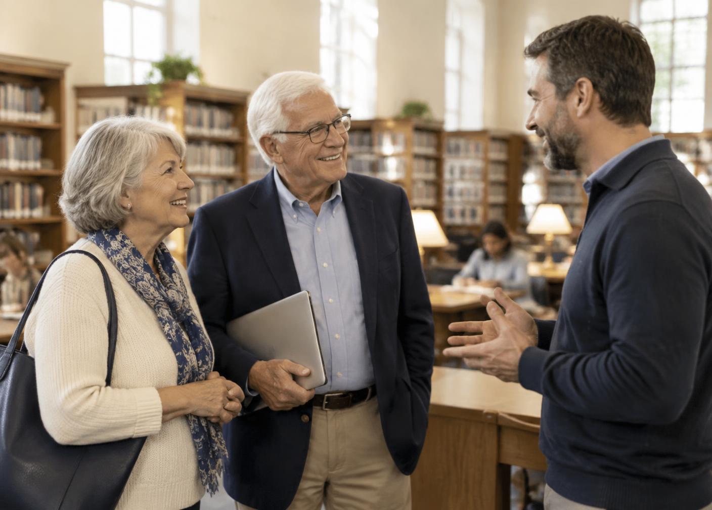 Two adults talking with Bradley in a library